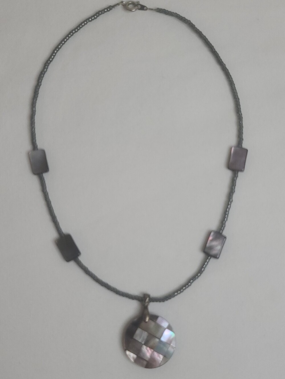 Checkered Mother of Pearl Shell Mosaic Pendant Necklace